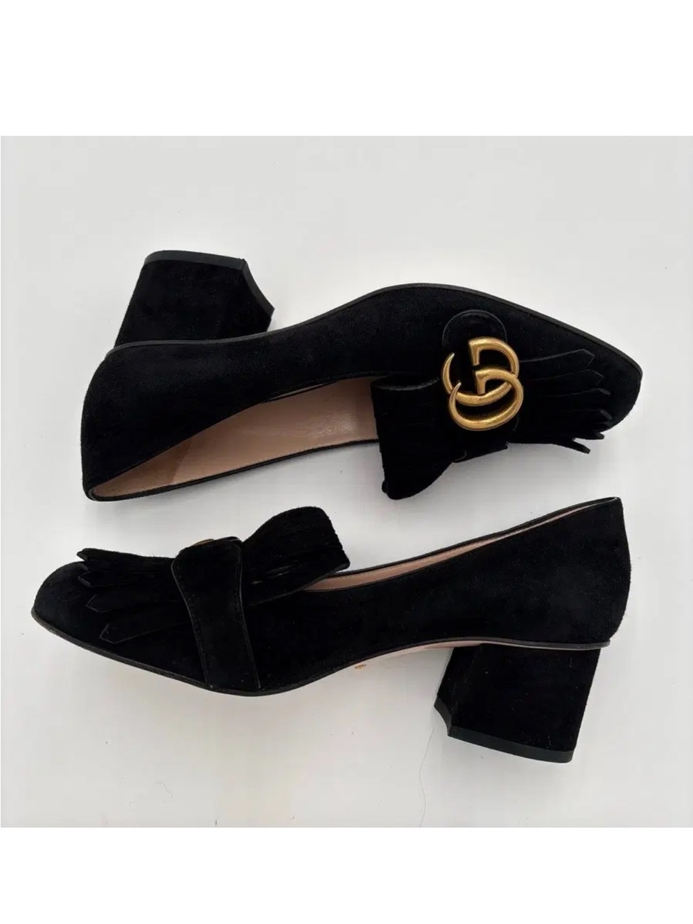 Gucci Black Suede Marmont Fringe Block Heel Loafers with Gold GG in Sz 38 1/2 - Picture 10 of 16